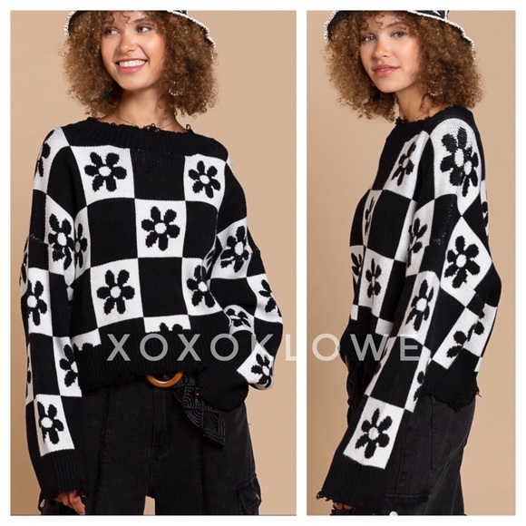 LAST ONE POL Daisy Flower Checkerboard Pattern Sweater Relaxed Fit - Picture 9 of 11